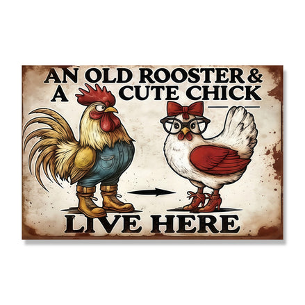 An Old Rooster And A Cute Chick Live Here