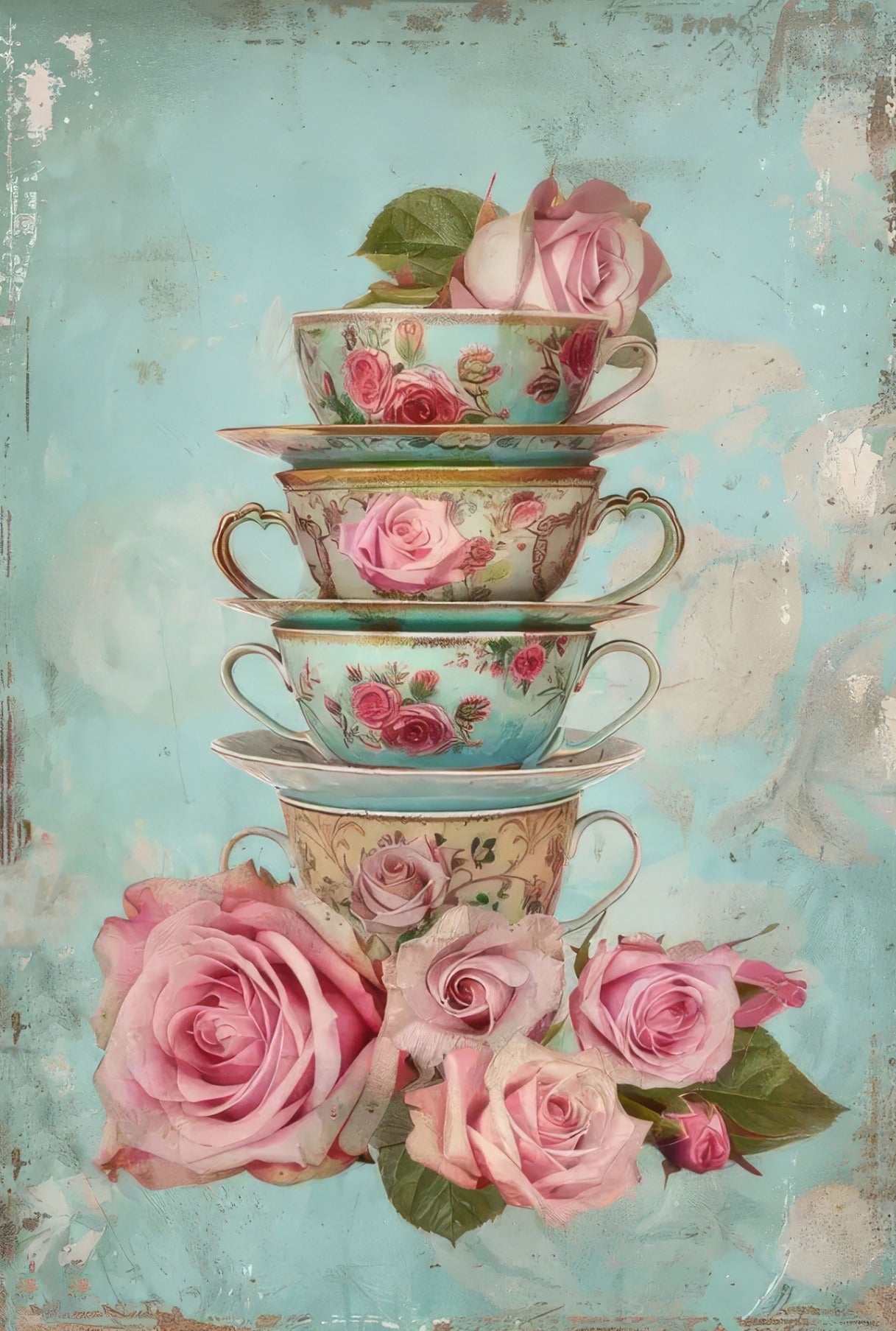 Metal Art - Pink Roses in Cups