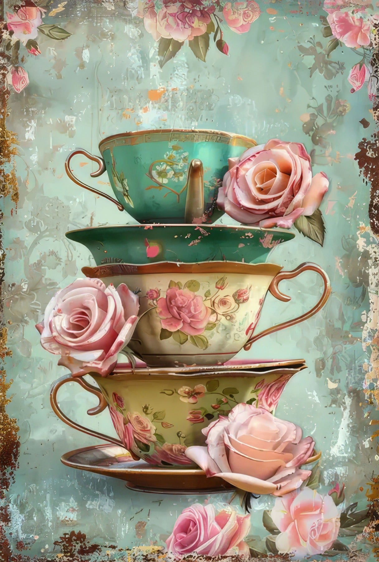 Metal Art - Pink Roses in the Cups 2